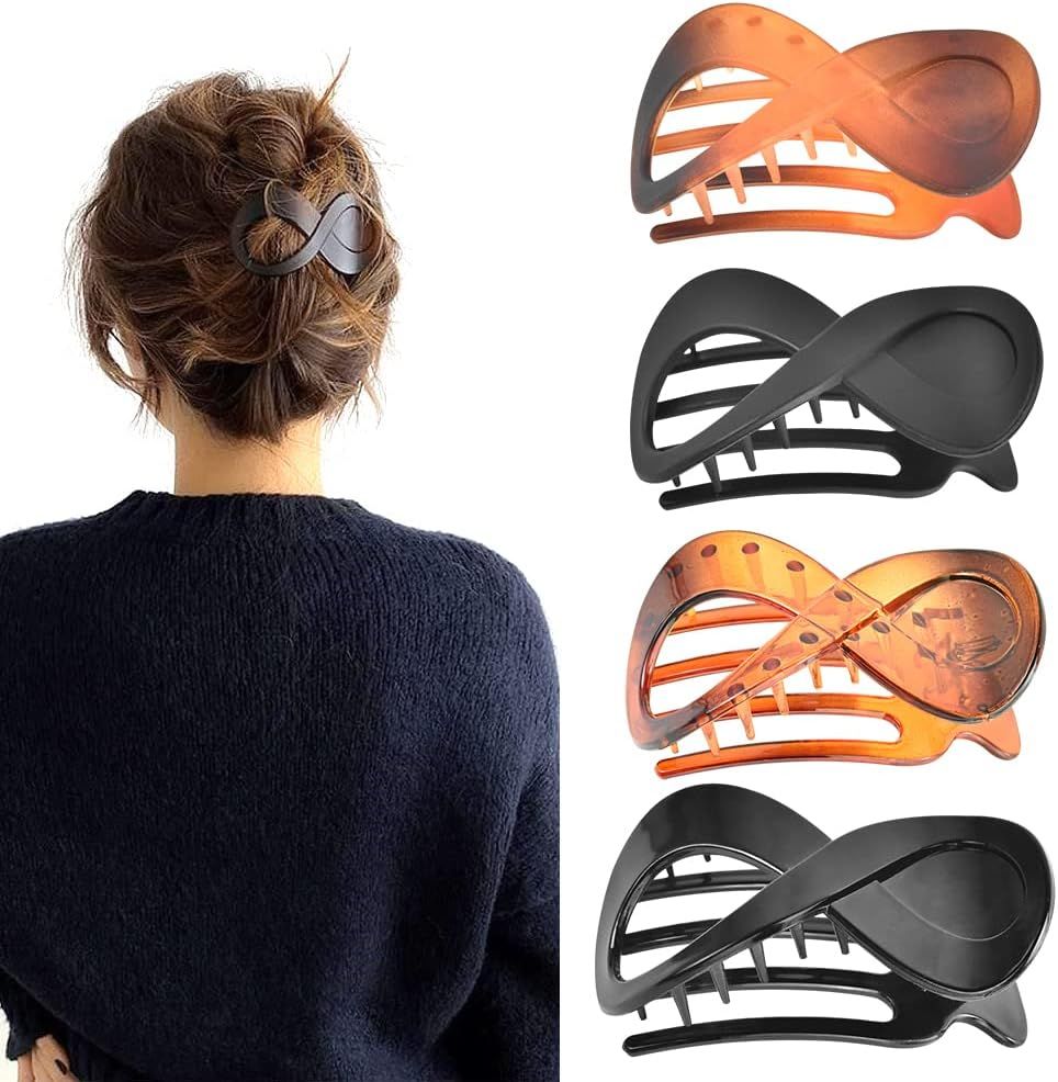 4 Pack Large Acrylic Hair Claw Clips with Strong Non-Slip Grip and Metal Springs for Thick, Curly and Long Hair, Amber and Black