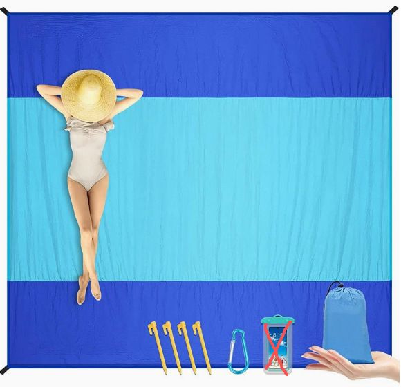Waterproof Sandproof Beach Mat with 210T Polyester Fabric for Travel, Camping and Picnics, Fits up to 5 Adults, Blue, 200 x 210 cm