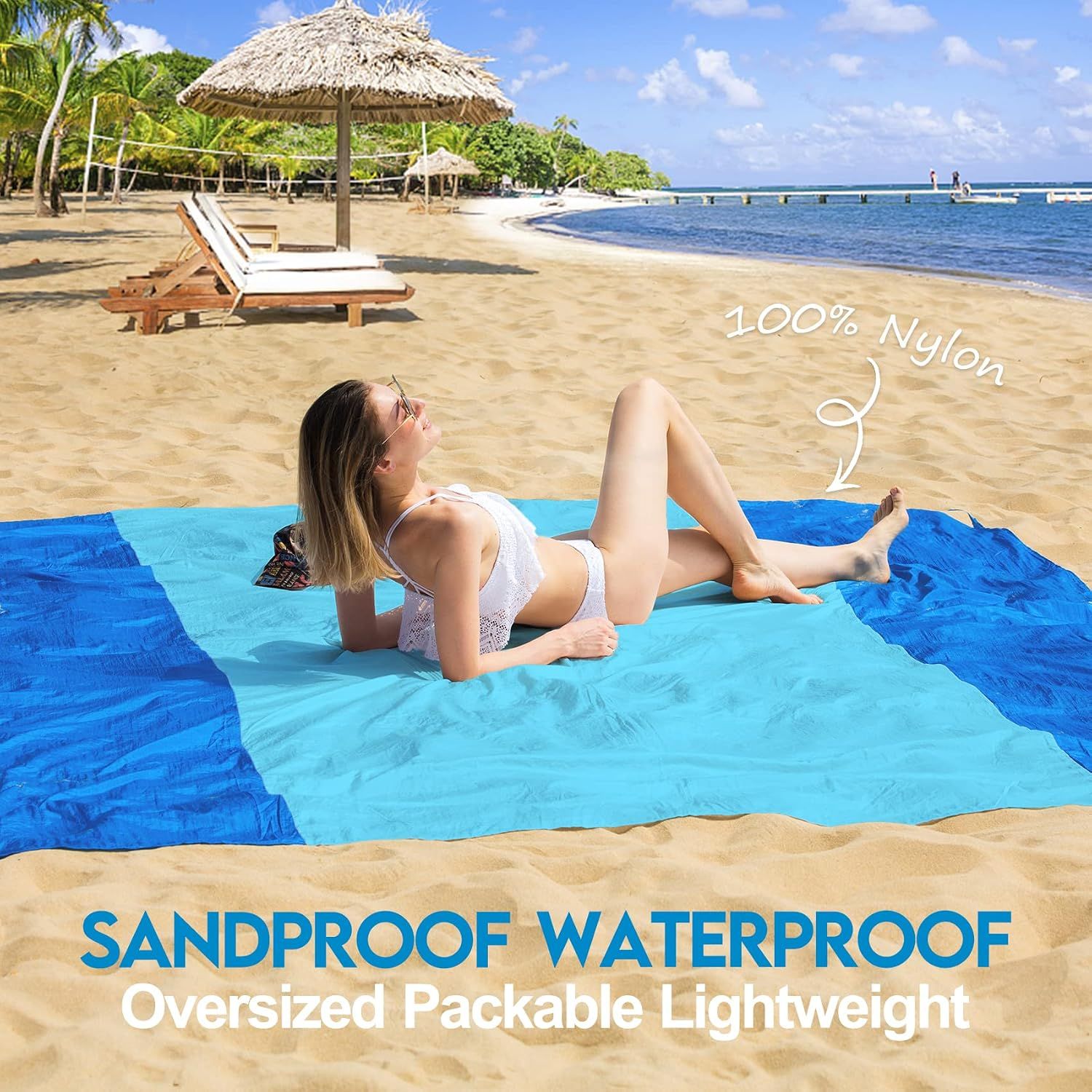 Waterproof Sandproof Beach Mat with 210T Polyester Fabric for Travel, Camping and Picnics, Fits up to 5 Adults, Blue, 200 x 210 cm