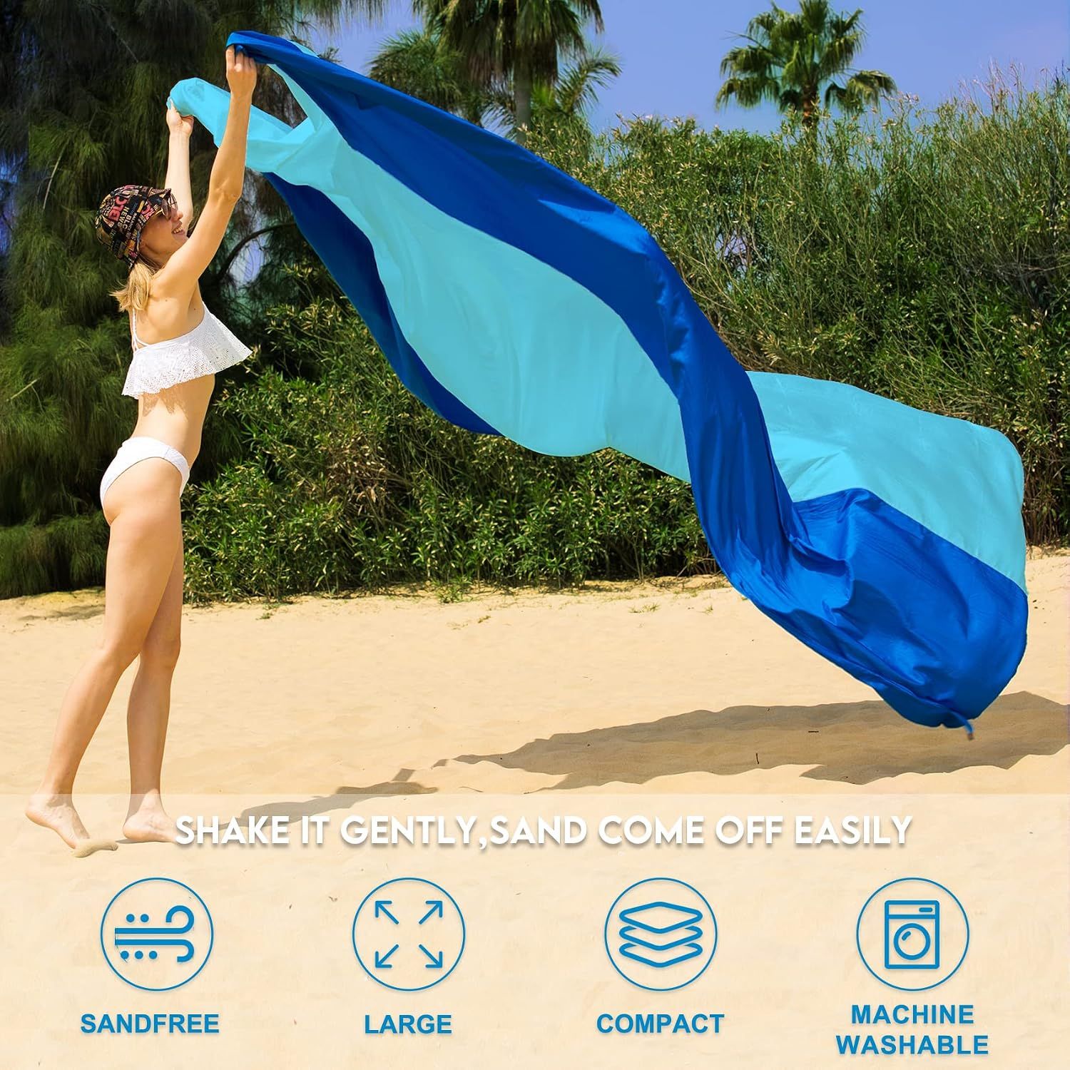 Waterproof Sandproof Beach Mat with 210T Polyester Fabric for Travel, Camping and Picnics, Fits up to 5 Adults, Blue, 200 x 210 cm