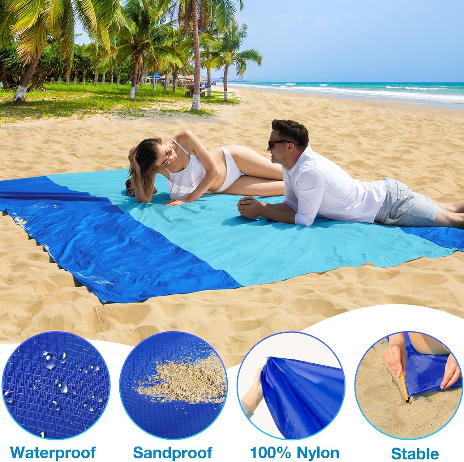 Waterproof Sandproof Beach Mat with 210T Polyester Fabric for Travel, Camping and Picnics, Fits up to 5 Adults, Blue, 200 x 210 cm