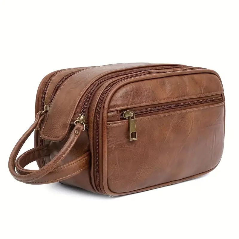 Large PU Leather Toiletry Bag with Dual Zip Compartments and Carry Handle for Travel, Cosmetics and Grooming, Brown, 26 x 15 x 16 cm