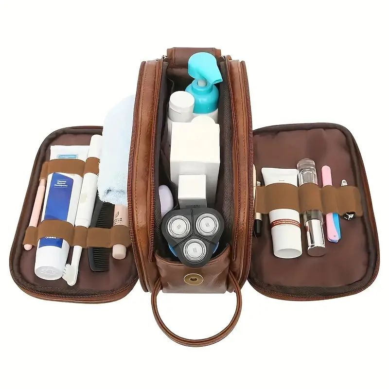 Large PU Leather Toiletry Bag with Dual Zip Compartments and Carry Handle for Travel, Cosmetics and Grooming, Brown, 26 x 15 x 16 cm