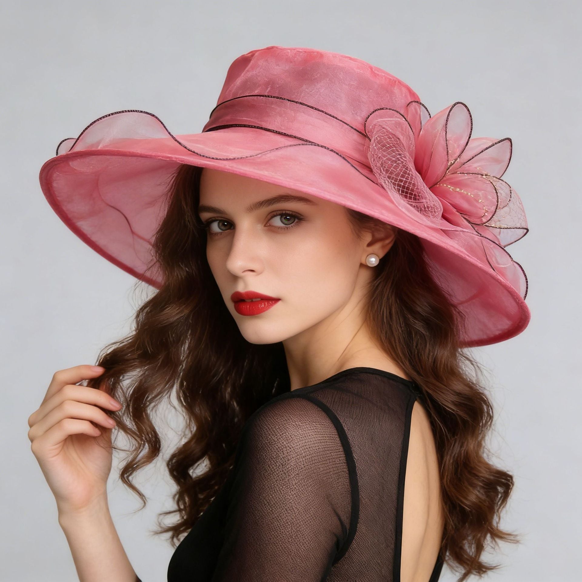Women's Foldable Organza Wide Brim Sun Hat with Breathable Mesh Design for Beach, Travel and Garden Wear, Black, 56-58 cm