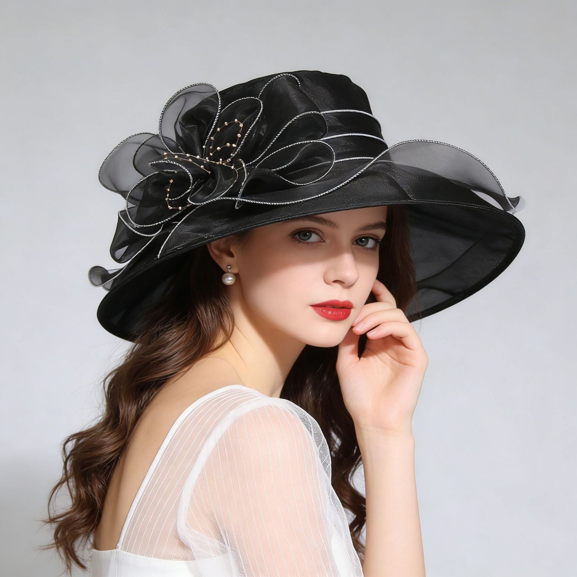 Women's Foldable Organza Wide Brim Sun Hat with Breathable Mesh Design for Beach, Travel and Garden Wear, Beige, 56-58 cm
