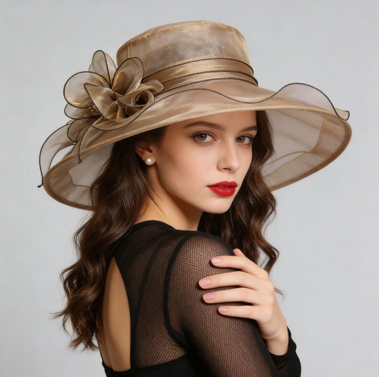 Women's Foldable Organza Wide Brim Sun Hat with Breathable Mesh Design for Beach, Travel and Garden Wear, Beige, 56-58 cm