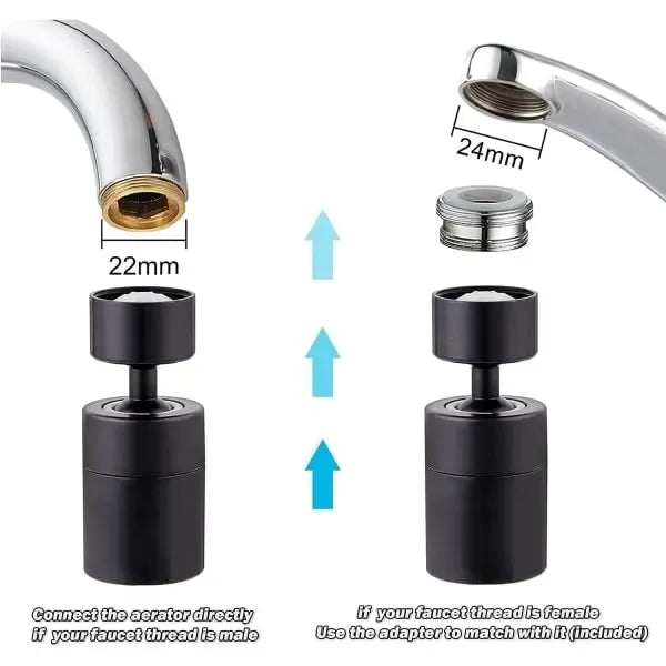 Faucet aerator, 360 Degree Rotation rotatable nozzle for kitchen faucet, 2 Outlet Positions, M22/M24 Thread Compatibility, 2 Spray Modes, Black Finish