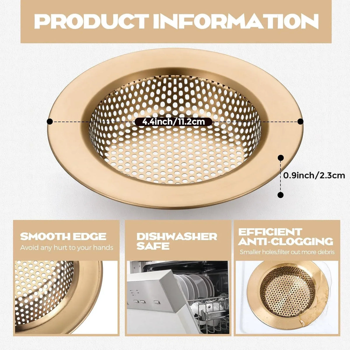 Kitchen Sink Strainer 2 Pack, Stainless Steel Drain Basket Cover Food and Hair Catcher for Kitchen Sink, Champagne Bronze, 4.4 Inch