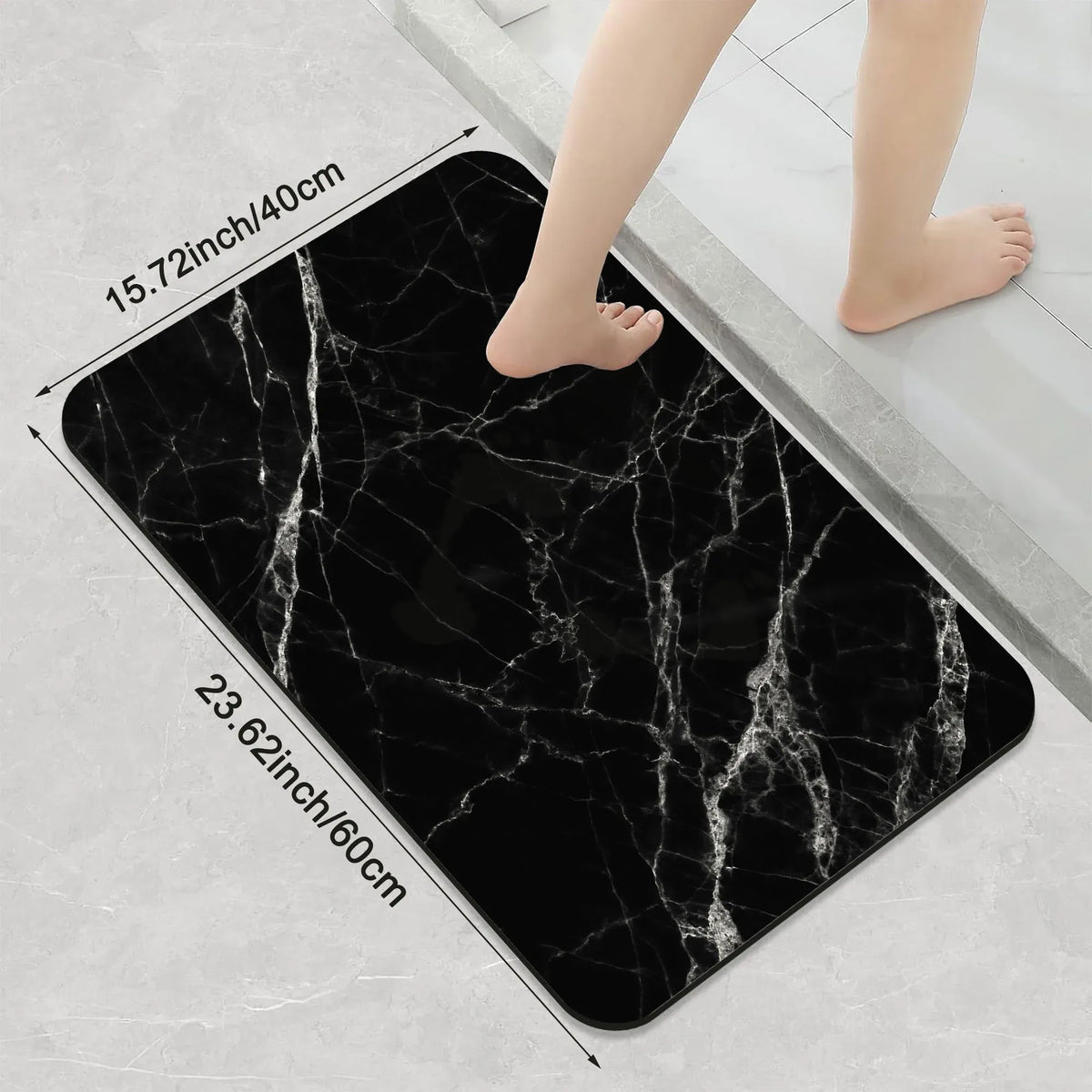 1 Piece Marble Texture Bathroom Rug, Non-Slip Quick Dry Bath Mat for Tub, Shower, Floor and Indoor Outdoor Use, Black