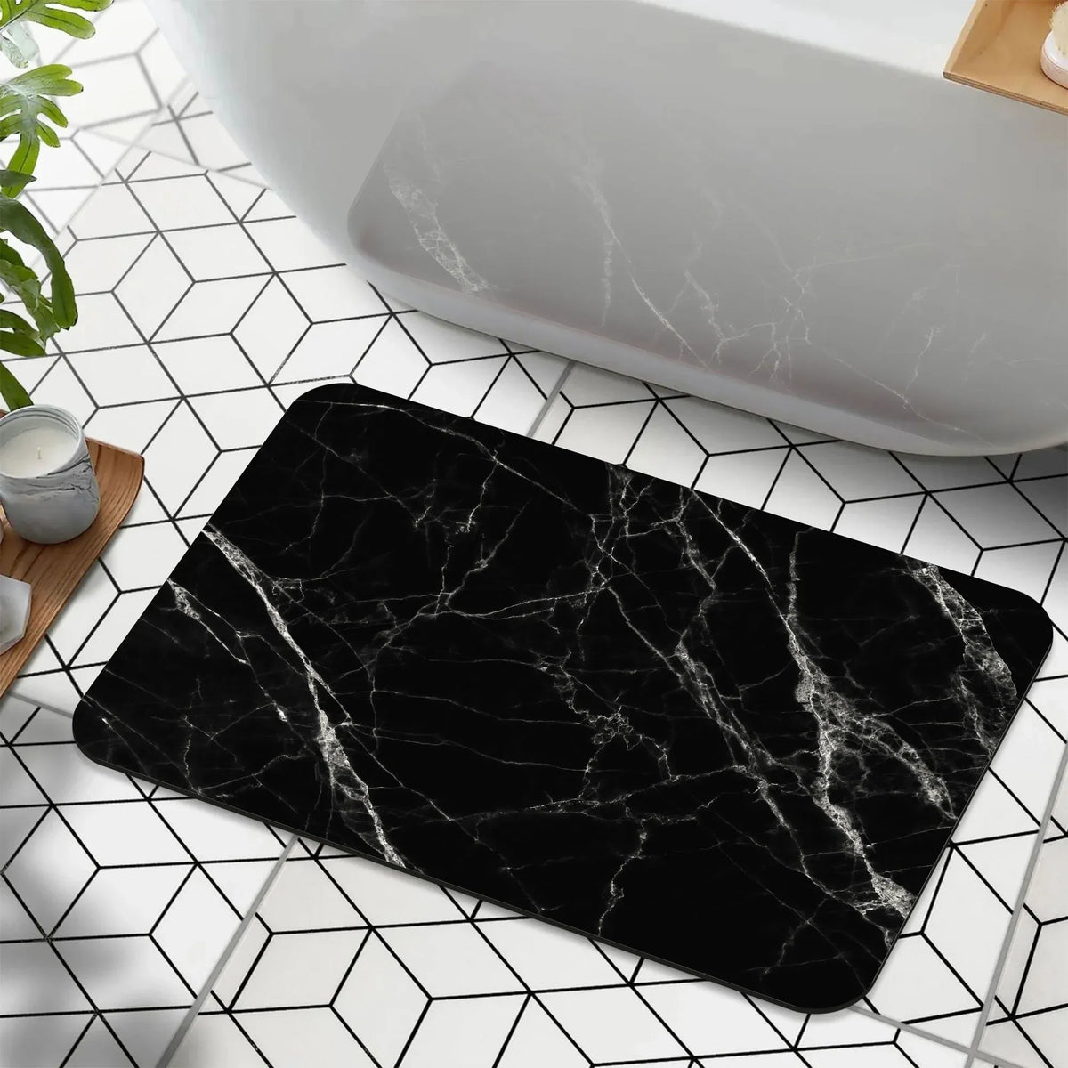 1 Piece Marble Texture Bathroom Rug, Non-Slip Quick Dry Bath Mat for Tub, Shower, Floor and Indoor Outdoor Use, Black