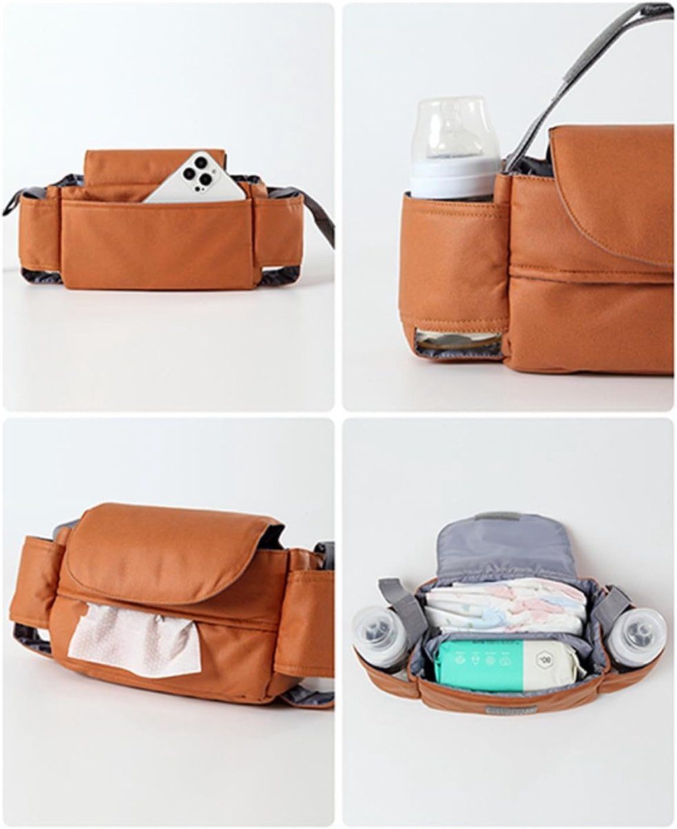 Universal Stroller Storage Bag, with Tissue Front Pocket, Built-in Cup Holder, Can Be Hanged on the Stroller, Brown