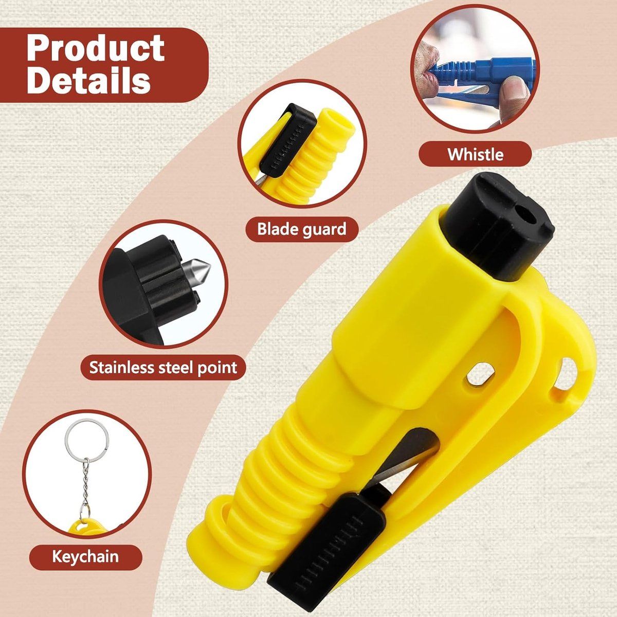 16 Pieces, 4 in 1 Safety Hammer Keychain, Seatbelt Cutter with Whistle and Glass Breaker, Compact Portable Emergency Tool for Car Rescue