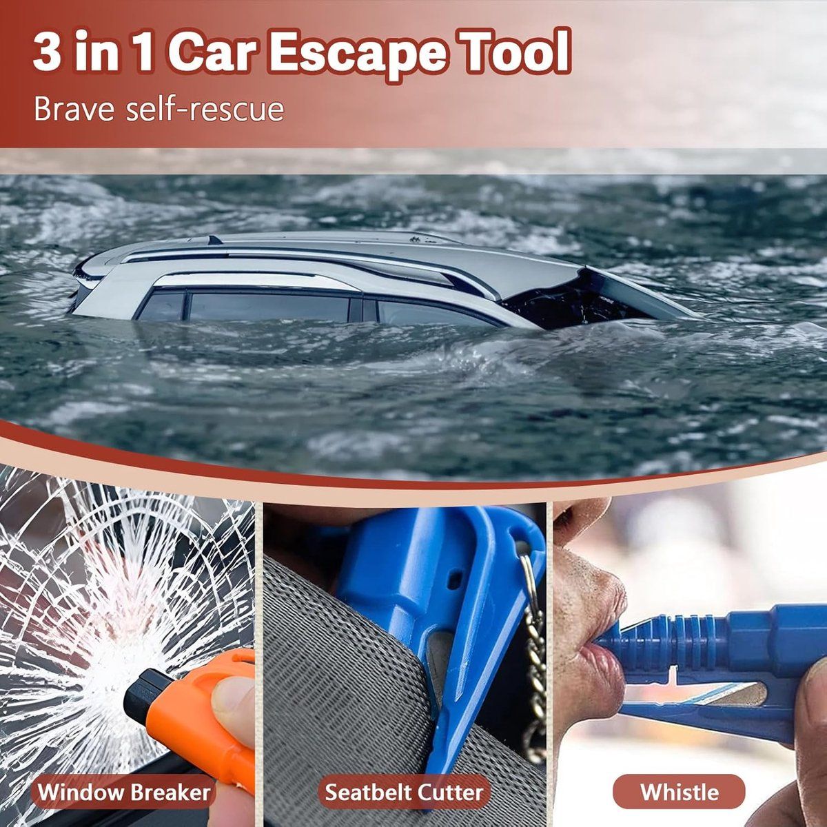 16 Pieces, 4 in 1 Safety Hammer Keychain, Seatbelt Cutter with Whistle and Glass Breaker, Compact Portable Emergency Tool for Car Rescue