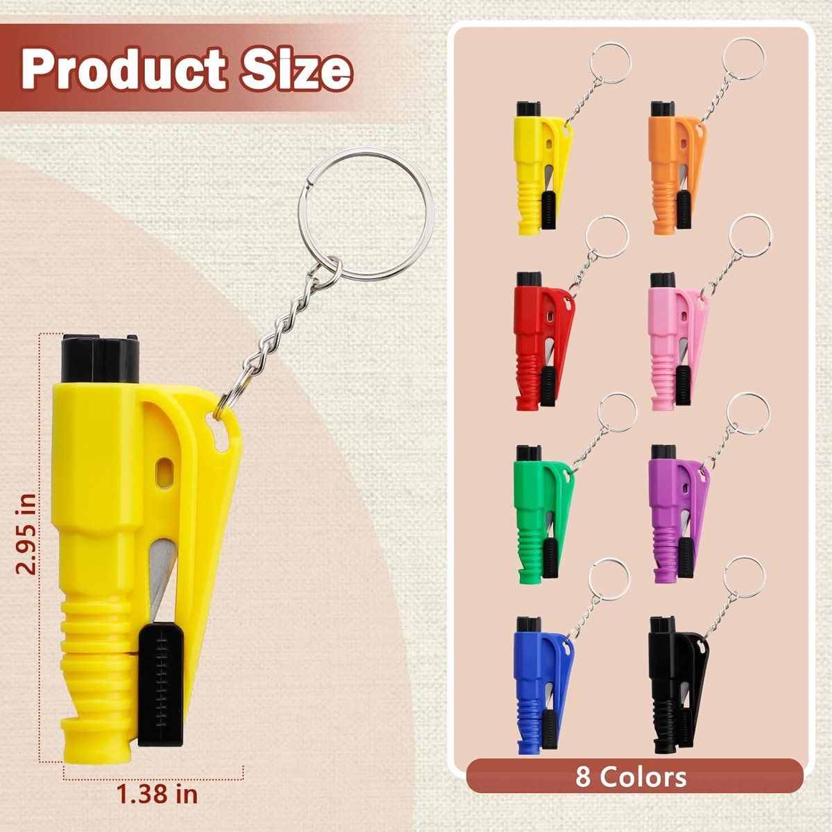 16 Pieces, 4 in 1 Safety Hammer Keychain, Seatbelt Cutter with Whistle and Glass Breaker, Compact Portable Emergency Tool for Car Rescue