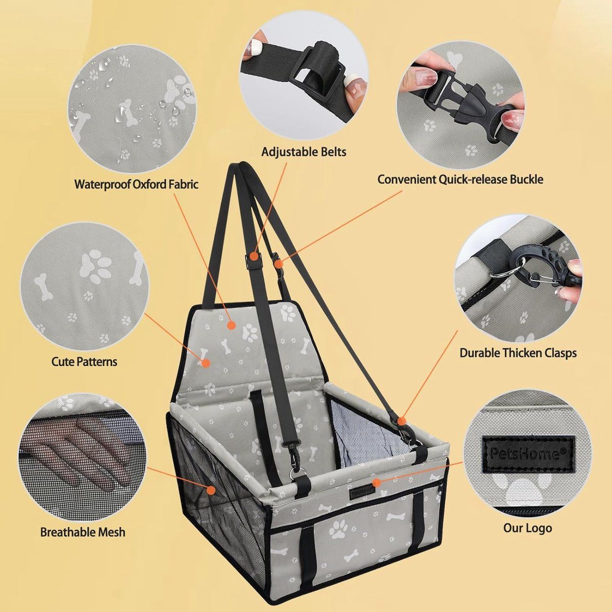Foldable, Dog Car Seat Booster, Waterproof and Breathable, for small and medium, sized dogs and small and medium, Grey