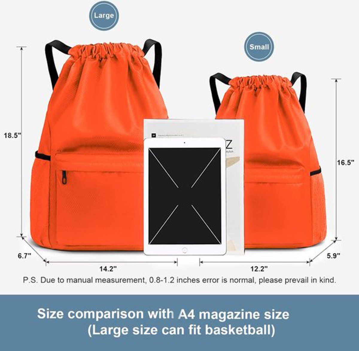 Waterproof Drawstring Gym Bag with Wet Dry Compartment, Lightweight Sports Backpack for Yoga, Dance and Travel, Orange, Large, 47 cm