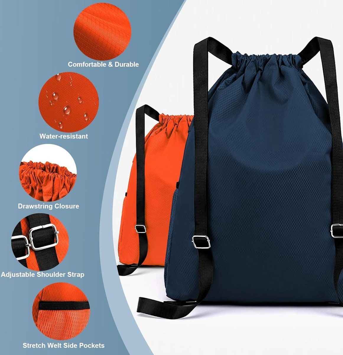 Waterproof Drawstring Gym Bag with Wet Dry Compartment, Lightweight Sports Backpack for Yoga, Dance and Travel, Orange, Large, 47 cm