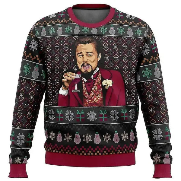 Men's Funny Leo DiCaprio Meme Ugly Christmas Sweatshirt, Long Sleeve Graphic Pullover for Holiday Parties and Winter Wear, Size S