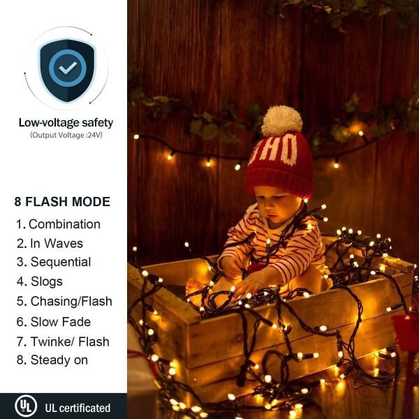 10 m 100 LED Christmas String Lights, 8 Modes, IP44 Waterproof Indoor Outdoor Lights for Tree, Garden, Party and Wedding Decor