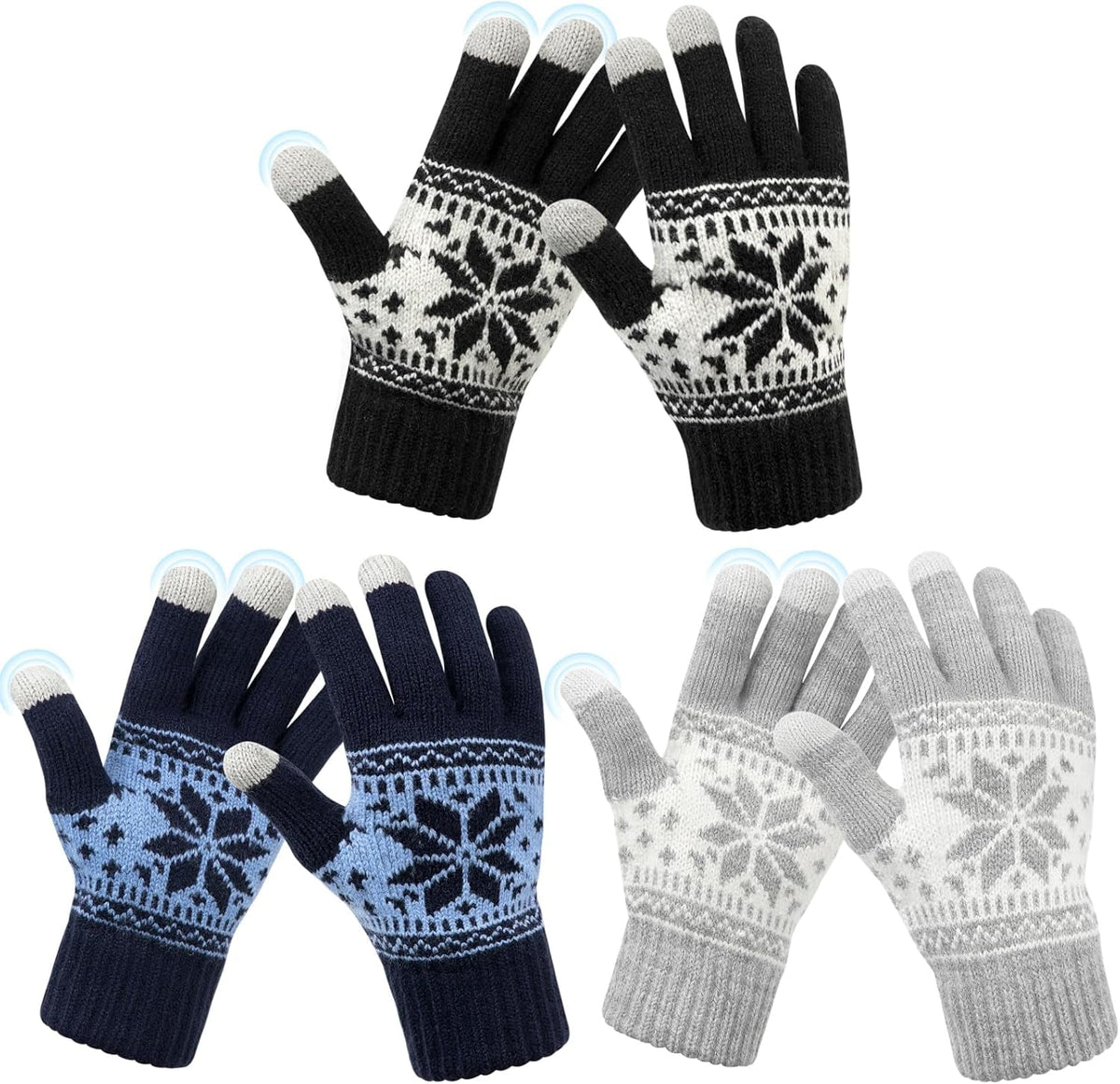 3 Pairs Touch Screen Gloves with Snow Flower Pattern, Warm Knit Winter Gloves Christmas Gifts Stocking Stuffers for Women Black Light Gray Navy Blue