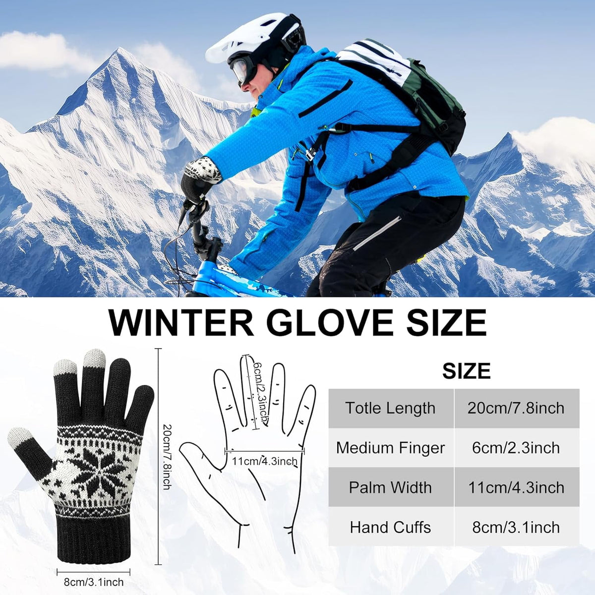 3 Pairs Touch Screen Gloves with Snow Flower Pattern, Warm Knit Winter Gloves Christmas Gifts Stocking Stuffers for Women Black Light Gray Navy Blue