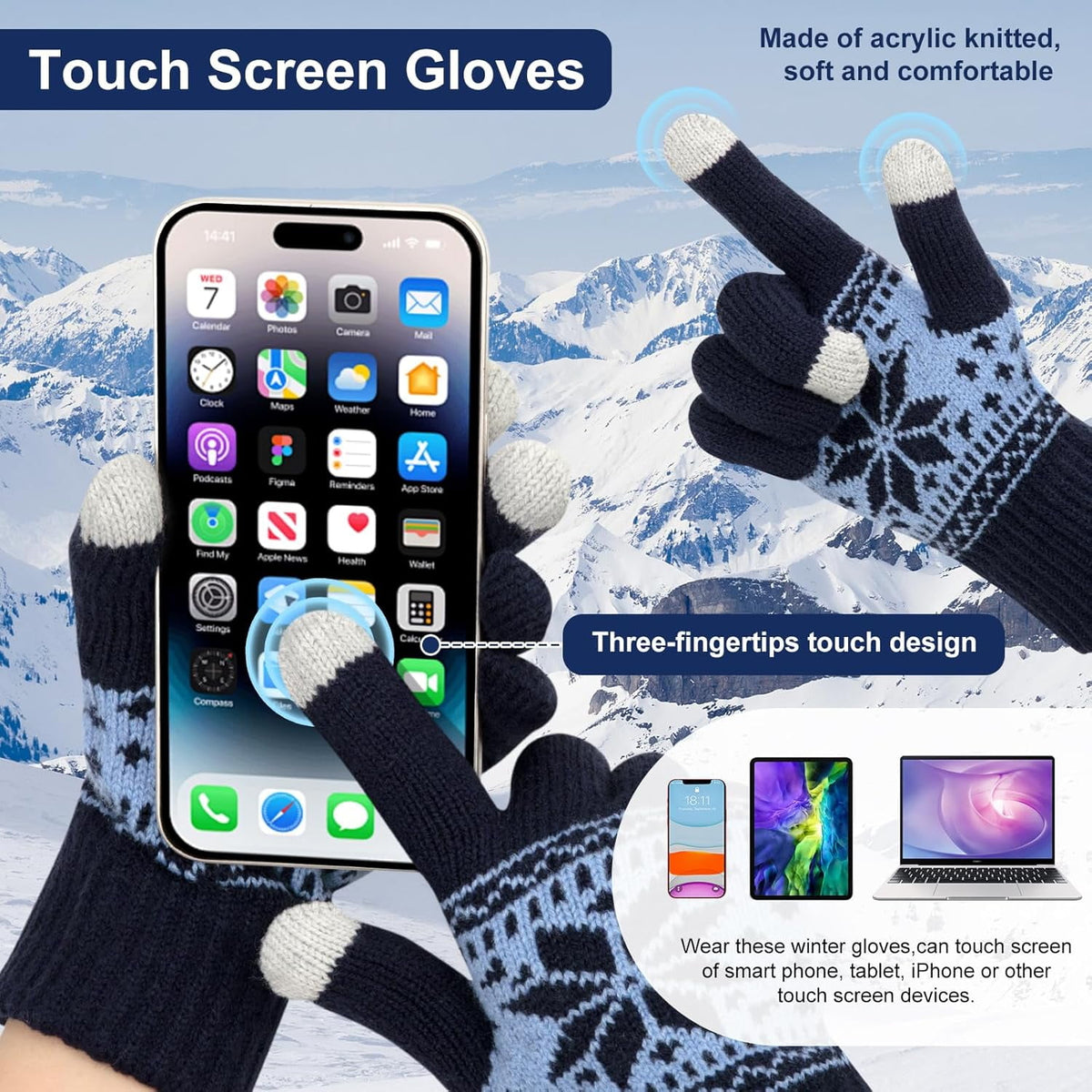 3 Pairs Touch Screen Gloves with Snow Flower Pattern, Warm Knit Winter Gloves Christmas Gifts Stocking Stuffers for Women Black Light Gray Navy Blue