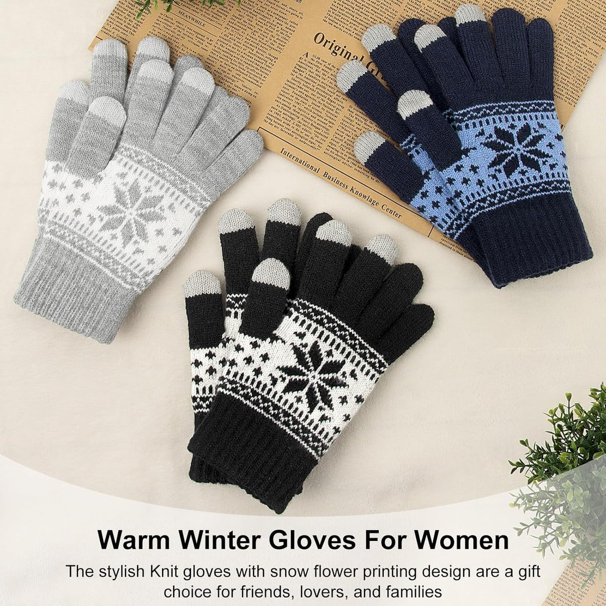 3 Pairs Touch Screen Gloves with Snow Flower Pattern, Warm Knit Winter Gloves Christmas Gifts Stocking Stuffers for Women Black Light Gray Navy Blue