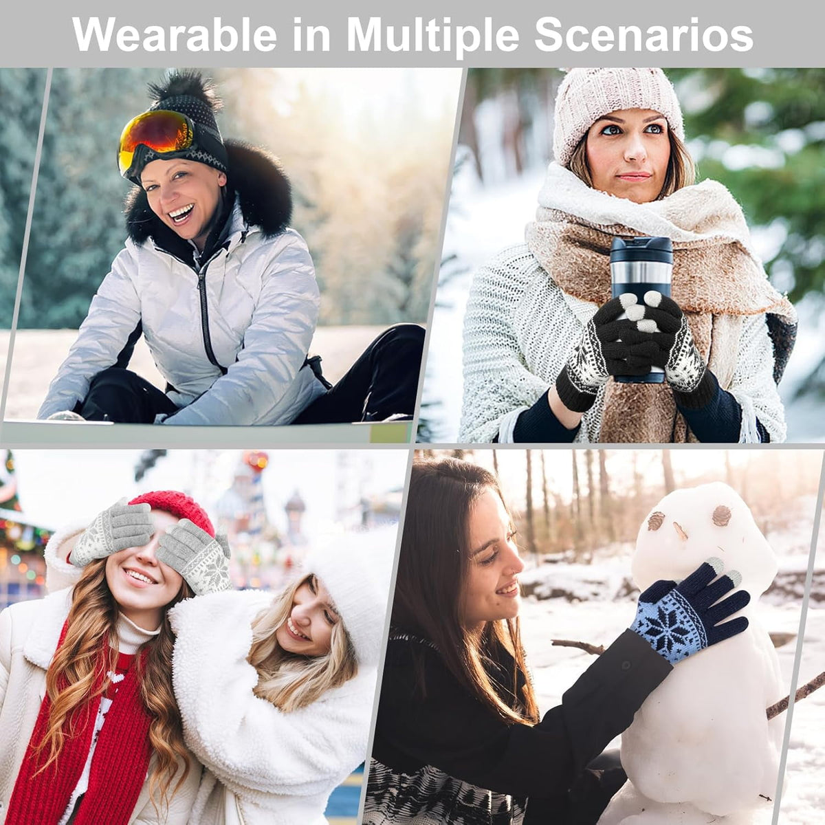 3 Pairs Touch Screen Gloves with Snow Flower Pattern, Warm Knit Winter Gloves Christmas Gifts Stocking Stuffers for Women Black Light Gray Navy Blue