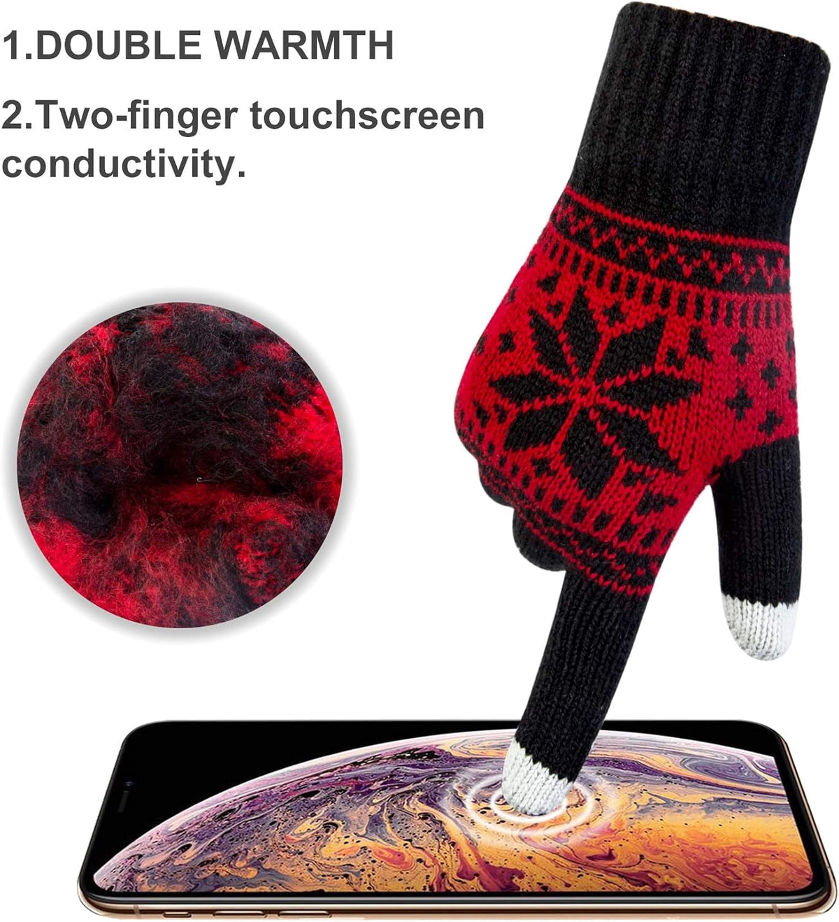 3 Pairs Touch Screen Gloves with Snow Flower Pattern, Warm Knit Winter Gloves Christmas Gifts Stocking Stuffers for Women Black White Red
