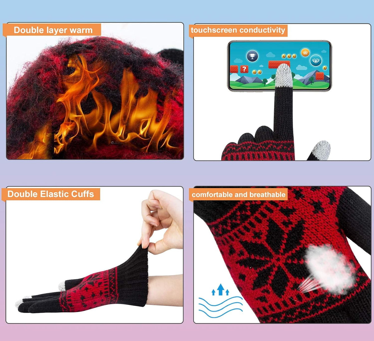 3 Pairs Touch Screen Gloves with Snow Flower Pattern, Warm Knit Winter Gloves Christmas Gifts Stocking Stuffers for Women Black White Red