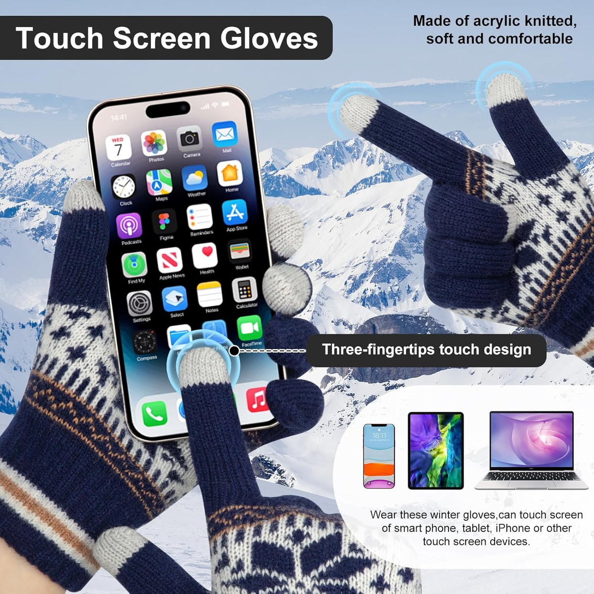 3 Pairs Touch Screen Gloves with Snow Flower Pattern, Warm Knit Winter Gloves Christmas Gifts Stocking Stuffers for Women Gray Navy Blue Black