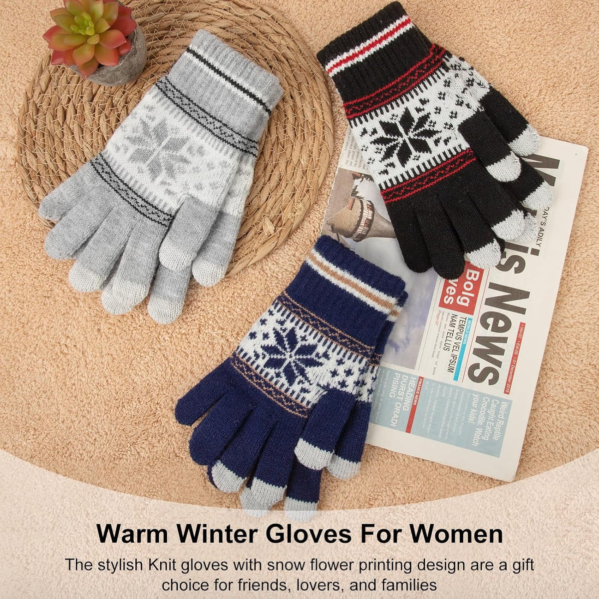 3 Pairs Touch Screen Gloves with Snow Flower Pattern, Warm Knit Winter Gloves Christmas Gifts Stocking Stuffers for Women Gray Navy Blue Black