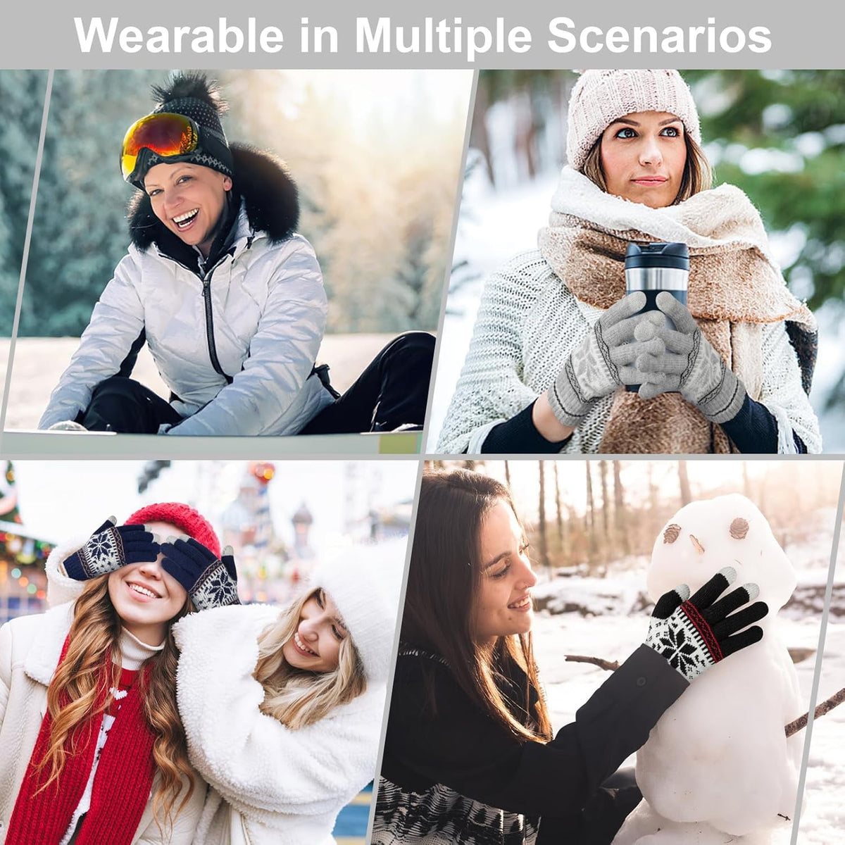 3 Pairs Touch Screen Gloves with Snow Flower Pattern, Warm Knit Winter Gloves Christmas Gifts Stocking Stuffers for Women Gray Navy Blue Black