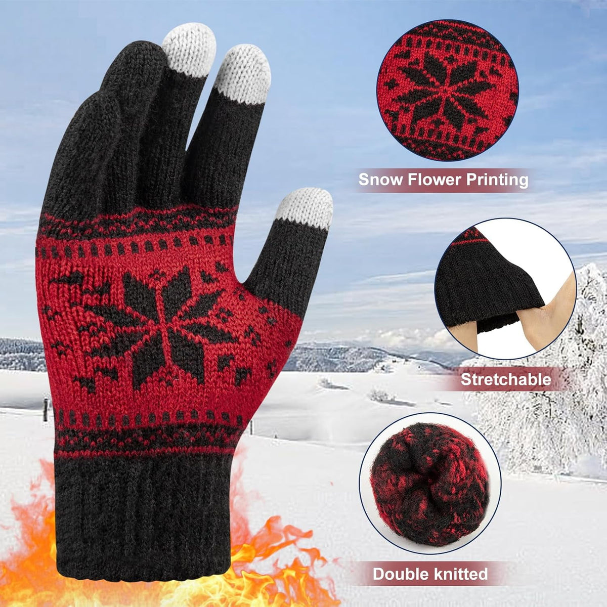 3 Pairs Touch Screen Gloves with Snow Flower Pattern, Warm Knit Winter Gloves Christmas Gifts Stocking Stuffers for Women White Blue Red