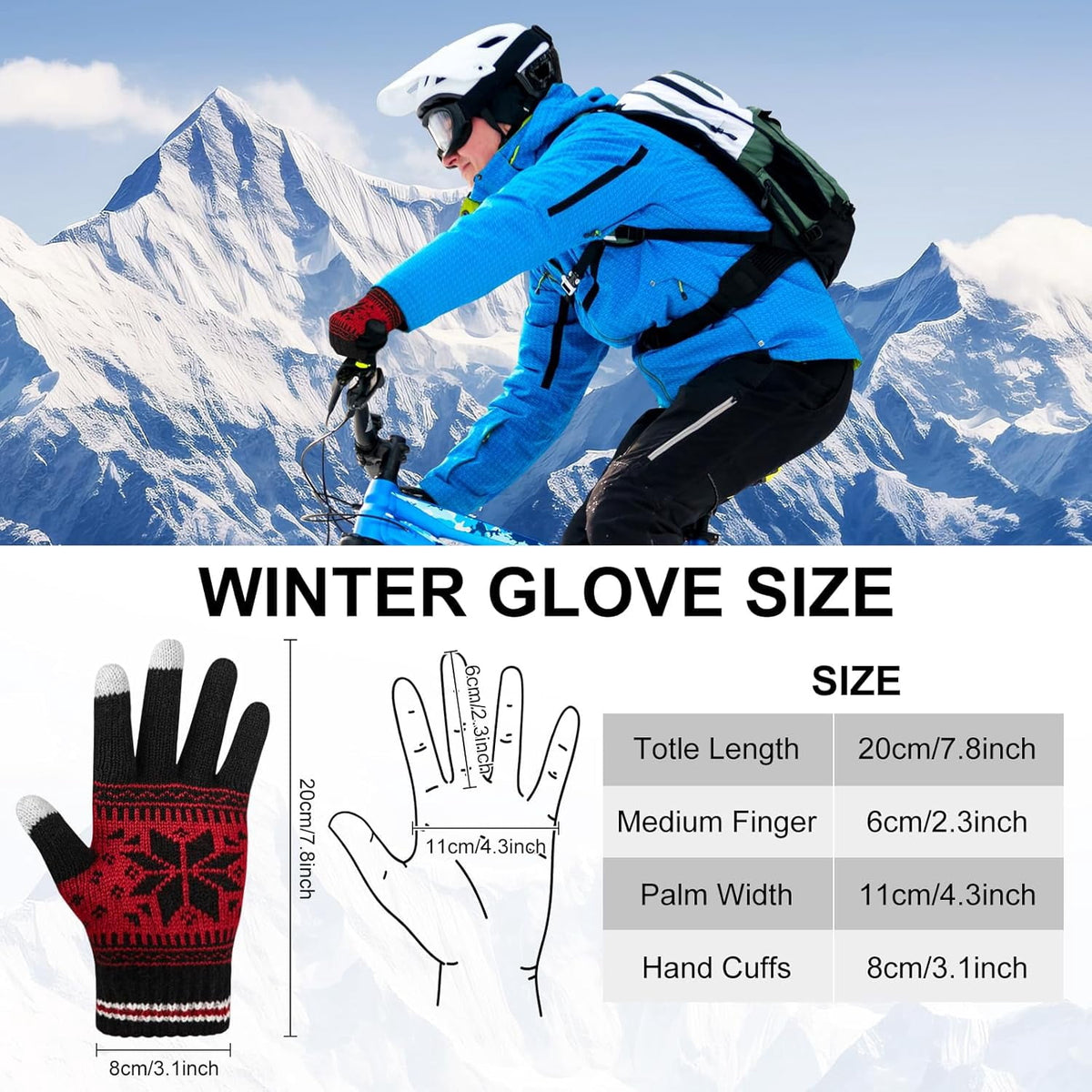 3 Pairs Touch Screen Gloves with Snow Flower Pattern, Warm Knit Winter Gloves Christmas Gifts Stocking Stuffers for Women White Red Black