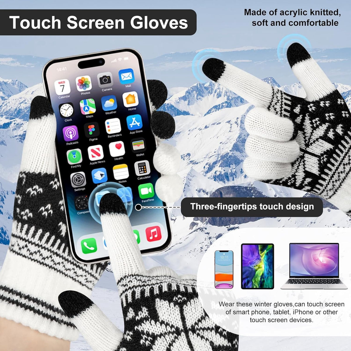 3 Pairs Touch Screen Gloves with Snow Flower Pattern, Warm Knit Winter Gloves Christmas Gifts Stocking Stuffers for Women White Red Black
