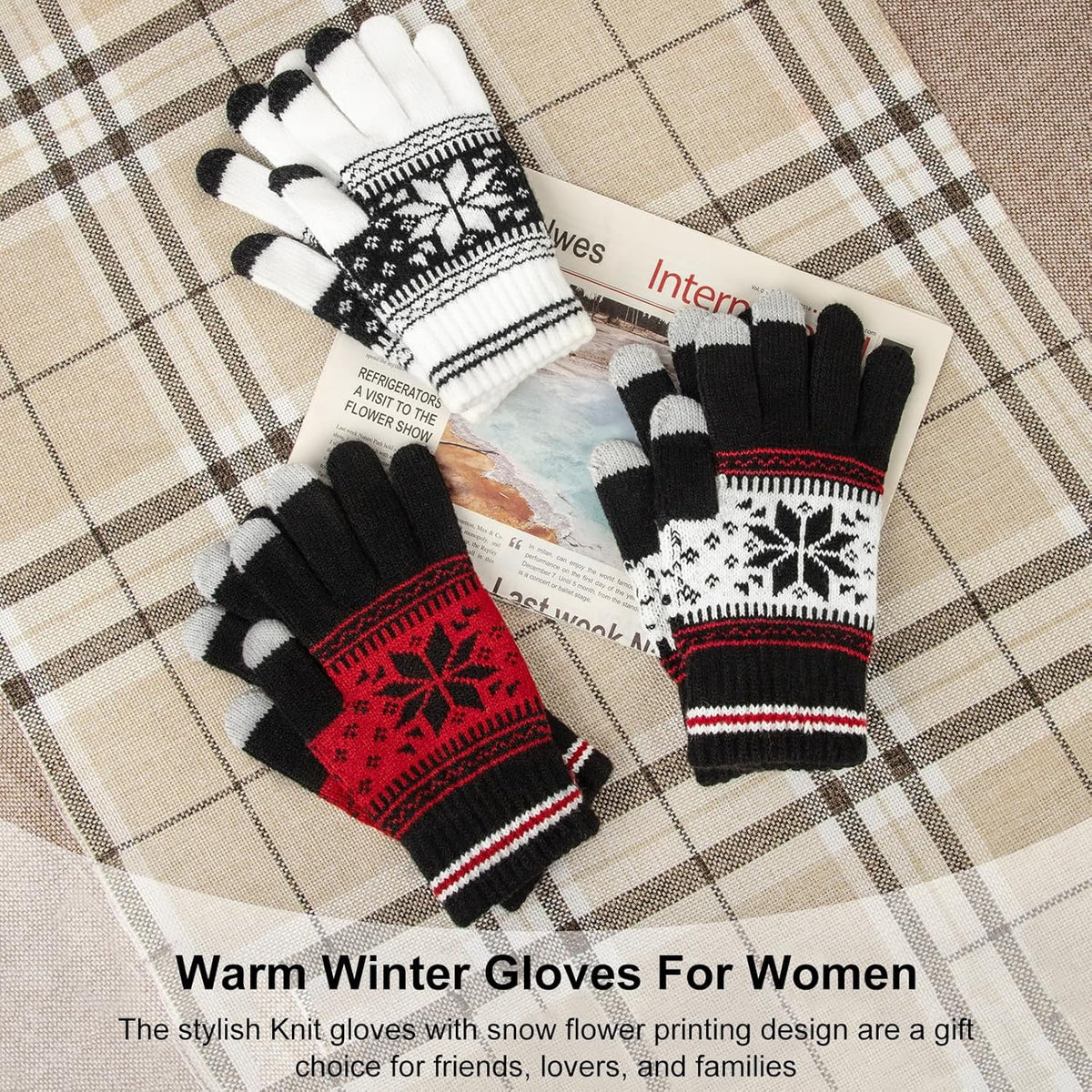 3 Pairs Touch Screen Gloves with Snow Flower Pattern, Warm Knit Winter Gloves Christmas Gifts Stocking Stuffers for Women White Red Black