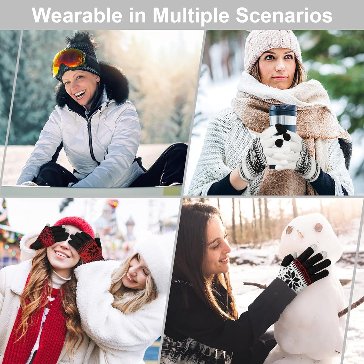 3 Pairs Touch Screen Gloves with Snow Flower Pattern, Warm Knit Winter Gloves Christmas Gifts Stocking Stuffers for Women White Red Black