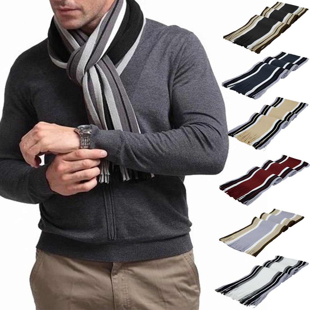 Men's Winter Scarf - Classic Striped Tassel Edge Soft Warm Scarf, Woolen Yarn Knitted Scarf Dark Gray