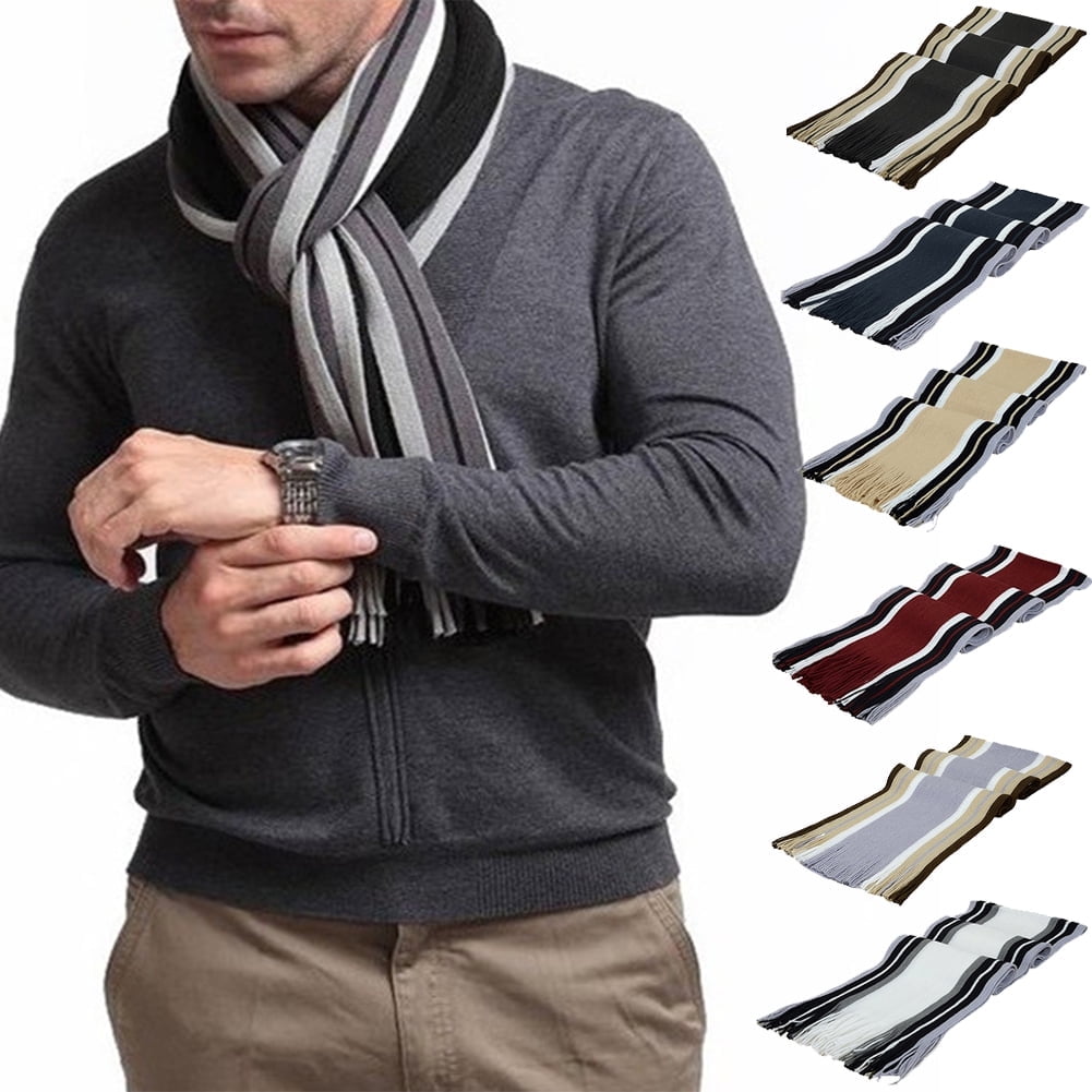 Men's Winter Scarf - Classic Striped Tassel Edge Soft Warm Scarf, Woolen Yarn Knitted Scarf Purple