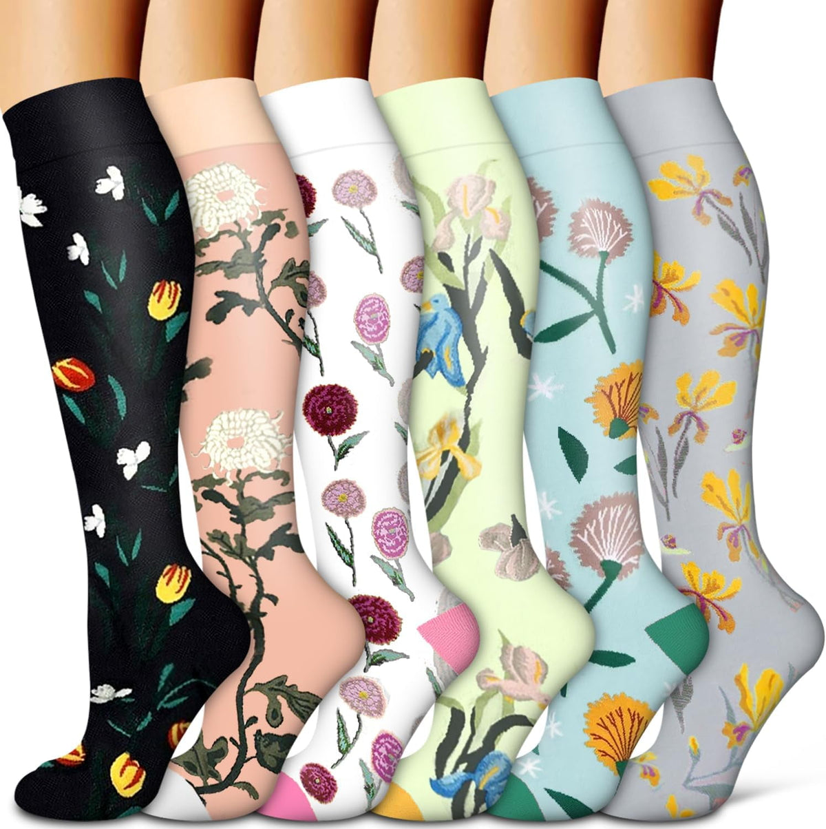 6Pairs Compression Socks for Women and Men - Best for Circulation, Running, Athletic, Recover, Nurse, Travel L/XL 01 Black/Oranga/White/Green/Blue/Gray