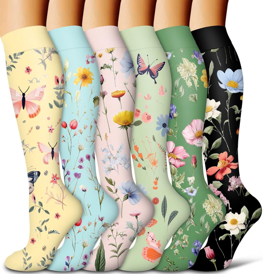 6Pairs Compression Socks for Women and Men - Best for Circulation, Running, Athletic, Recover, Nurse, Travel S/M 05 Yellow/Blue/Pink/Green/Green/Black