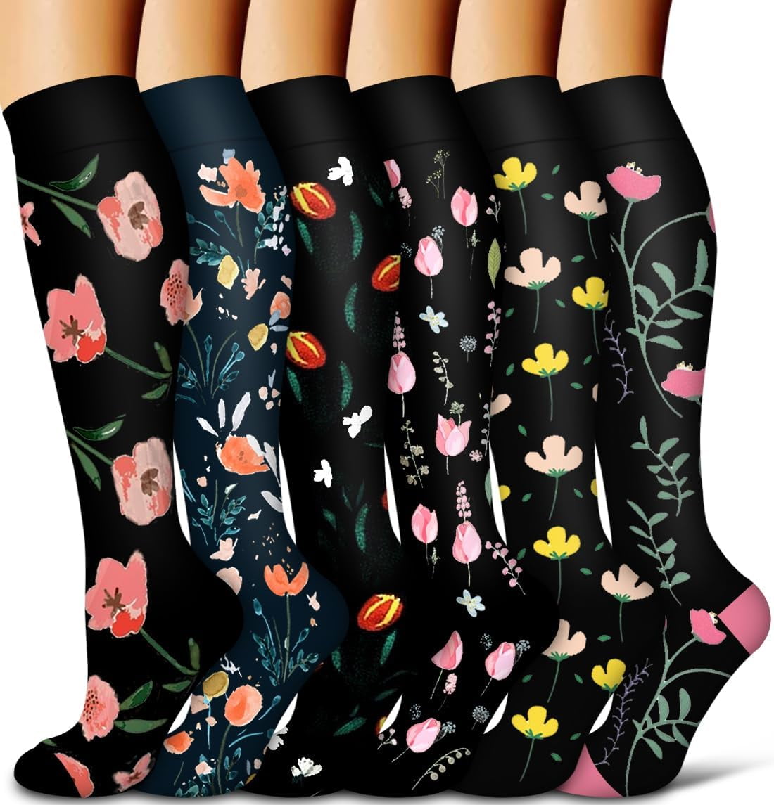 6Pairs Compression Socks for Women and Men - Best for Circulation, Running, Athletic, Recover, Nurse, Travel L/XL 06 Black Flower