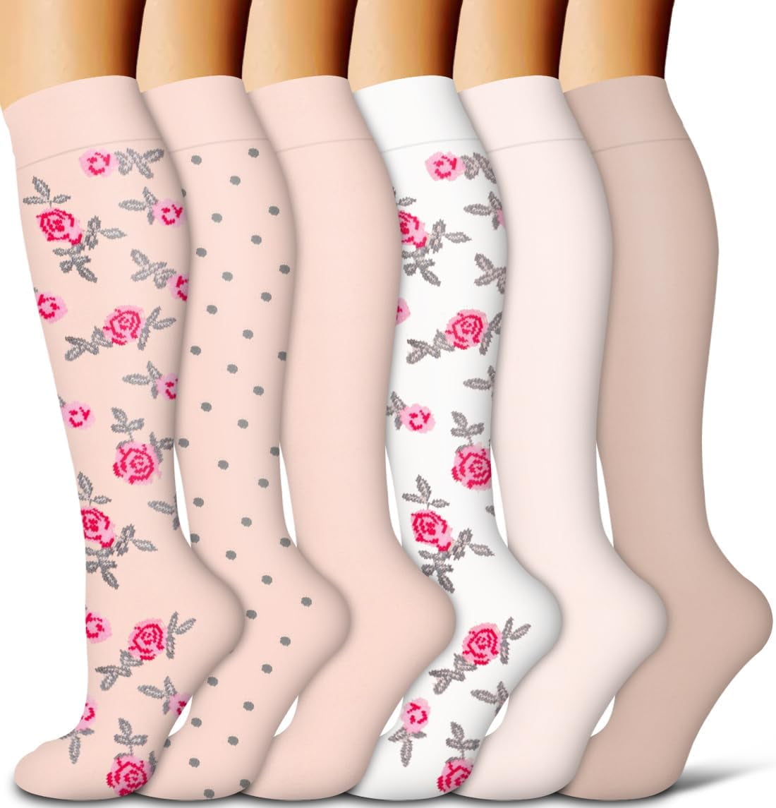 6Pairs Compression Socks for Women and Men - Best for Circulation, Running, Athletic, Recover, Nurse, Travel L/XL 21 Pink 5 Pairs/White
