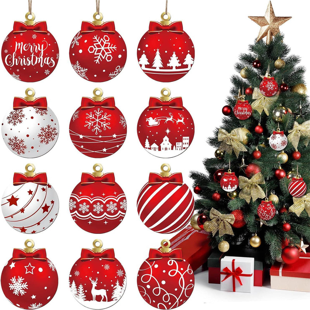 12Pcs Christmas Balls Ornaments, Christmas Shatterproof Ball with Strings - Christmas Decorations for Xmas Tree, Holiday, Wedding, Party, Christmas Gifts multicolor