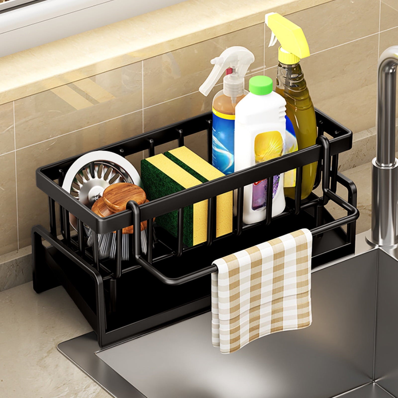 Sponge Holder for Kitchen Sink, Kitchen Sink Organizer Rustproof 304 Stainless Steel Detachable Dishcloth Rack Sink Caddy, Kitchen Sponge Holder Bathroom Organizer Brush Holder Storage Black