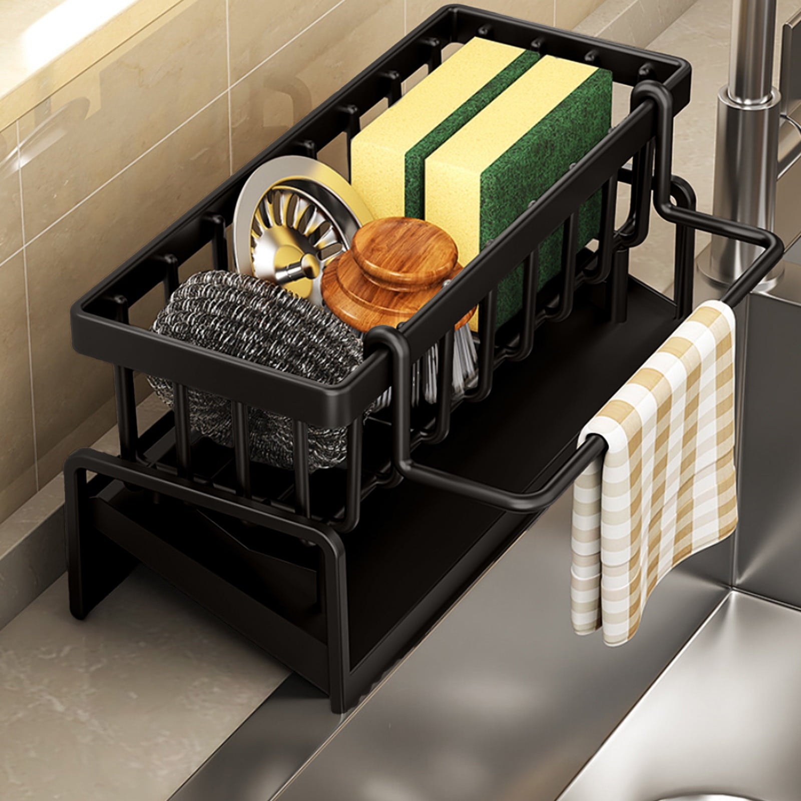 Sponge Holder for Kitchen Sink, Kitchen Sink Organizer Rustproof 304 Stainless Steel Detachable Dishcloth Rack Sink Caddy, Kitchen Sponge Holder Bathroom Organizer Brush Holder Storage Black