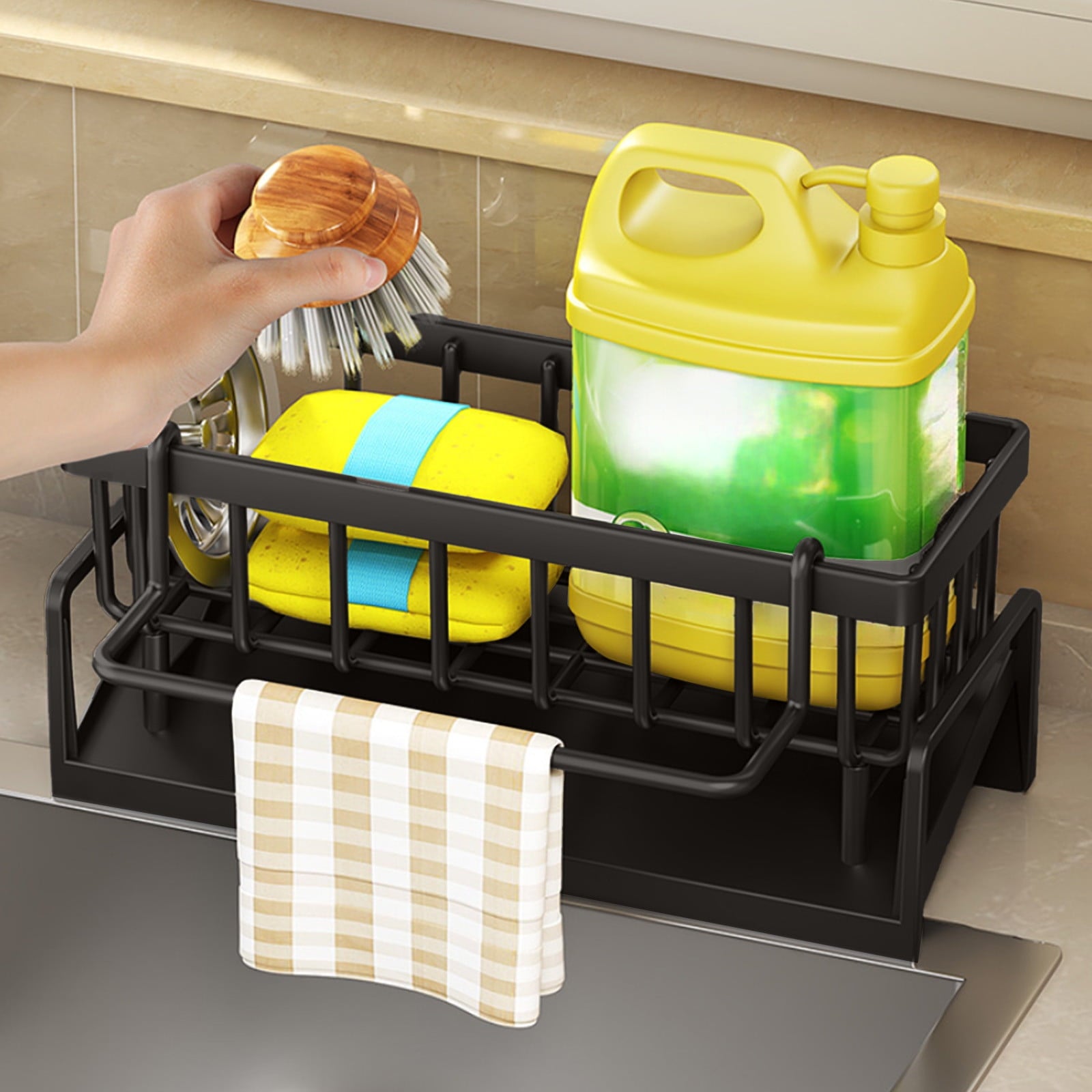 Sponge Holder for Kitchen Sink, Kitchen Sink Organizer Rustproof 304 Stainless Steel Detachable Dishcloth Rack Sink Caddy, Kitchen Sponge Holder Bathroom Organizer Brush Holder Storage Black