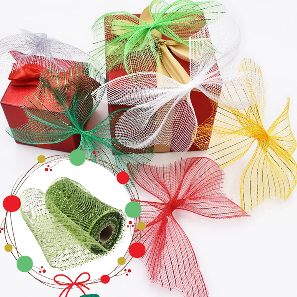 Gift Yarn , Packaging Ribbon, Poly Mesh Ribbon with Metallic Foil Each Roll for Wreaths Swags Bows Wrapping and Decorating G