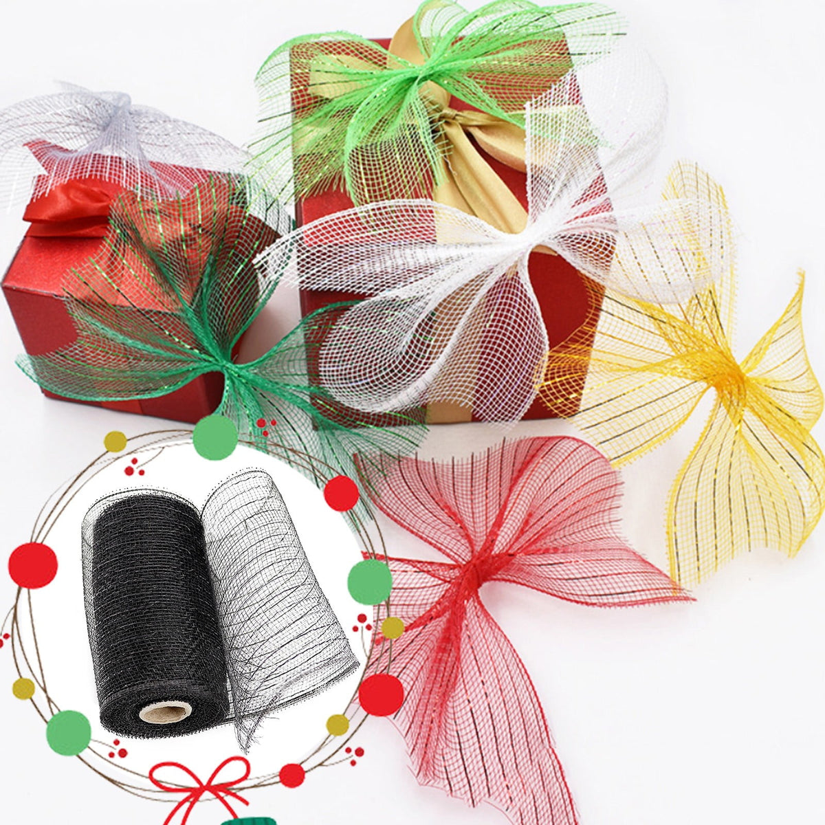 Gift Yarn , Packaging Ribbon, Poly Mesh Ribbon with Metallic Foil Each Roll for Wreaths Swags Bows Wrapping and Decorating J